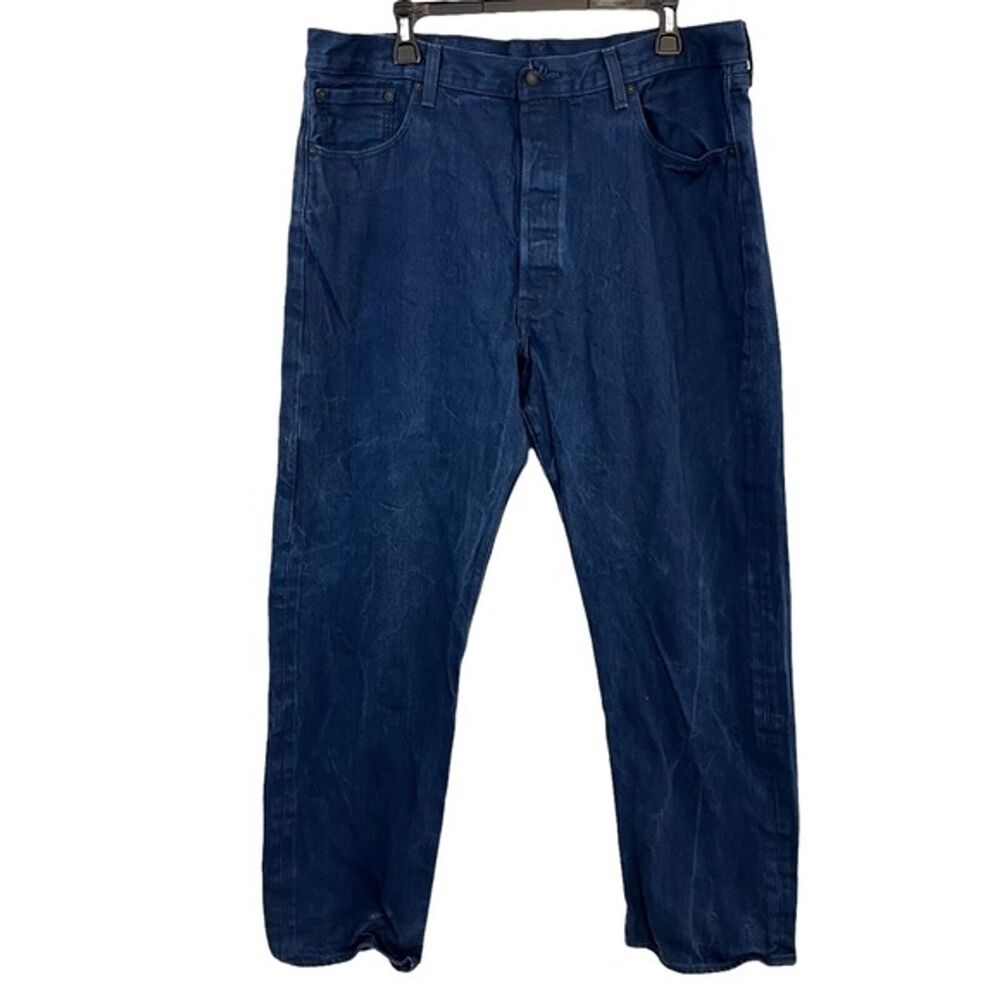 LEVI'S 501 Dark Blue Distressed Men's Blue Jeans Button Fly Straight Leg 40 x 32